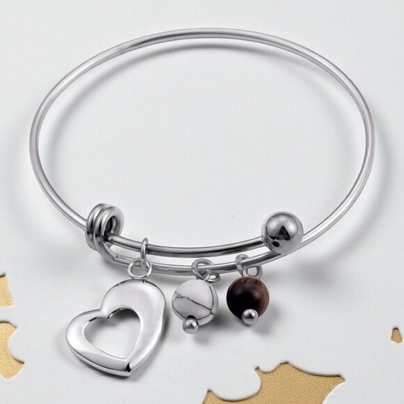 18K Gold Plated Boho Chic Bangle with Heart Tiger's Eye & Magnesite Charms ✨ - Picture 6 of 13